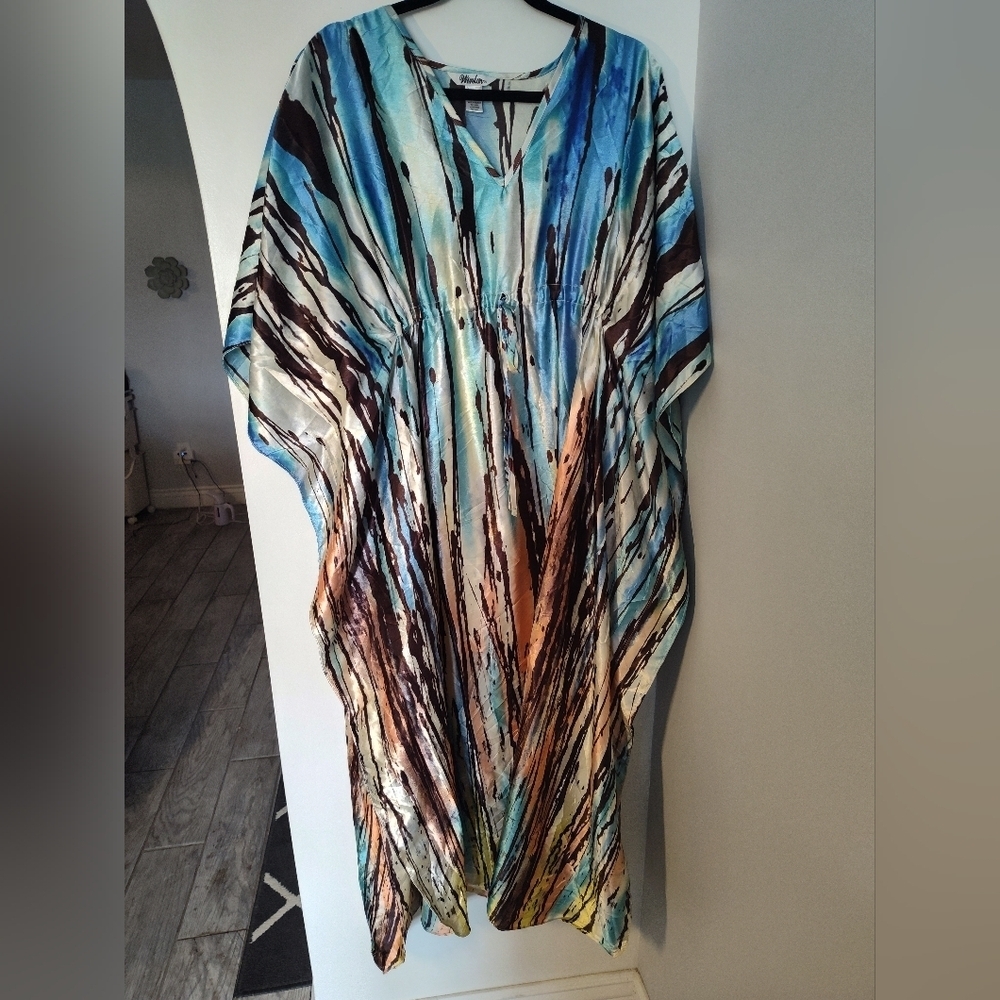 CARESS BLUE WATERFALL MULTI MIX S-4X LOUNGE COVERUP ROBE CAFTAN DRESS KAFTAN#304